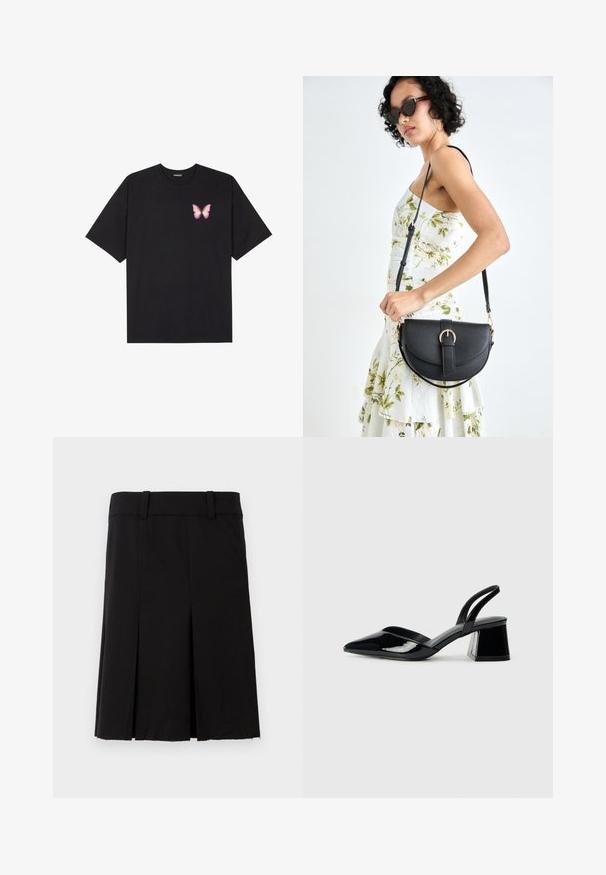 Crna pamučna majica s kratkim rukavima, s malim grafičkim prikazom ružičaste vjetricaste s desne strane na prsima. Dizajn s okruglim izrezom i opuštenim krojem.; Crna plisirana suknja izrađena od tkanine s glatkom teksturom. Ima uski pojas i ravni kroj s rubom do koljena.; Crne lakirane kožne sandale s otvorenom petom i špicastim vrhom, s geometrijskom blok petom. Imaju elegantan, minimalistički dizajn i glatku teksturu.; Crna kožna torba s lukovitim oblikom, odvojivim remenom i zlatnim detaljima. Torba ima preklop s kopčom.
