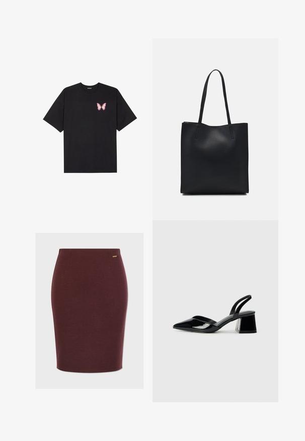 Musta puuvillapaita lyhyillä hihoilla, jossa on pieni vaaleanpunainen perhosgrafiikka vasemmassa rinnassa. Pyöreä kaula-aukko ja rento istuvuus.; Burgundy-harmahame kiiltävästä kankaasta, jossa on muotoiltu malli, hienovaraiset sivusaumat ja pieni metallinen logokoriste.; Mustat patentoitu nahkakengät, joissa on säären takaosa ja terävä kärki, sekä geometrinen palikkakorko. Sisältää tyylikkään, minimalistisen muotoilun ja sileän pinnan.; Mustapahkainen kangaskassi, jossa on sileä pinta, suorakaiteen muotoinen ja kaksi pitkää kahvaa. Ei näkyvää metalliosaa tai koristeita.