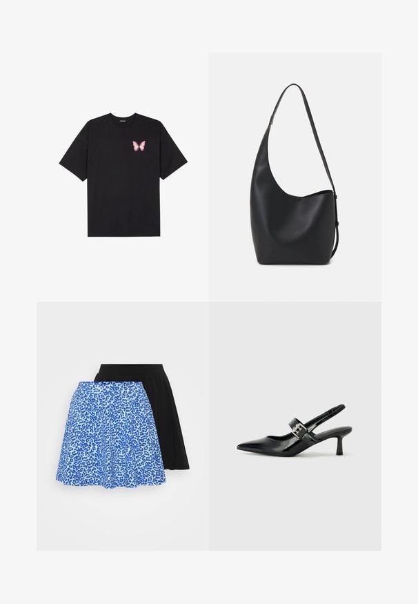 Fekete pamut póló rövid ujjakkal, bal mellkason egy kis rózsaszín pillangó grafikával. Kerek nyakú kialakítás, laza fazonnal.; Két szoknya: az egyik kék leopárdmintás, a másik egyszínű fekete, mindkettő bővülő fazonnal és puha anyaggal rendelkezik.; Fekete lakkbőr slingback sarkú cipők hegyes orral és kis blokk talppal, ezüst csat díszítéssel a pánton.; Fekete bőr hobo táska sima textúrával, ívelt formával és egyetlen állítható pánttal; széles nyílás található a tetején.