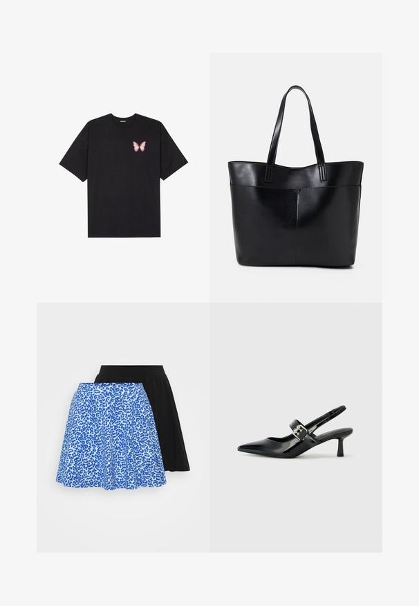 Fekete pamut póló rövid ujjakkal, bal mellkason egy kis rózsaszín pillangó grafikával. Kerek nyakú kialakítás, laza fazonnal.; Két szoknya: az egyik kék leopárdmintás, a másik egyszínű fekete, mindkettő bővülő fazonnal és puha anyaggal rendelkezik.; Fekete lakkbőr slingback sarkú cipők hegyes orral és kis blokk talppal, ezüst csat díszítéssel a pánton.; Fekete bőr bevásárlótáska két hosszú fogantyúval, sima felülettel és strukturált formával. Elülső zseb található rajta a plusz tárolás érdekében.