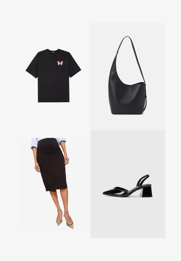 Musta puuvillapaita lyhyillä hihoilla, jossa on pieni vaaleanpunainen perhosgrafiikka vasemmassa rinnassa. Pyöreä kaula-aukko ja rento istuvuus.; Musta kynähame, joka on valmistettu sileästä kankaasta, polvipituisena, yhdistettynä teräväsakaraisiin käärmeennahkakengillä, joissa on tyylikäs siluetti.; Mustat patentoitu nahkakengät, joissa on säären takaosa ja terävä kärki, sekä geometrinen palikkakorko. Sisältää tyylikkään, minimalistisen muotoilun ja sileän pinnan.; Musta nahkainen hobo-laukku, jossa on sileä pinta, kaareva muoto ja yksi säädettävä olkahihna; sisäänkäynti on leveä ylhäältä.