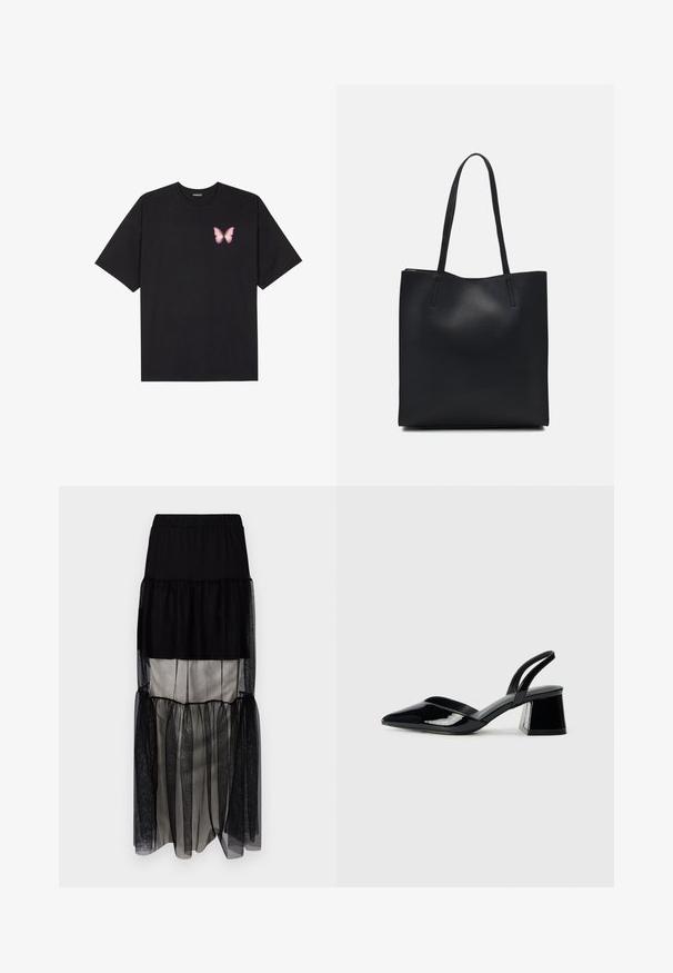 Schwarzes Baumwoll-T-Shirt mit kurzen Ärmeln, das ein kleines pinkes Schmetterlingsmotiv auf der linken Brust zeigt. Crewneck-Design mit einem entspannten Schnitt.; Schwarzer, geschichteter Maxikleid mit elastischem Bund, der durchsichtige Tüllpaneele, kontrastierendes Satinfutter und eine fließende Silhouette aufweist.; Schwarze Lackleder-Slingback-High Heels mit spitzem Schuh und einem geometrischen Blockabsatz. Verfügt über ein schlankes, minimalistisches Design und eine glatte Textur.; Schwarze Laptoptasche aus Leder mit glatter Textur, rechteckiger Form und zwei langen Griffen. Keine sichtbaren Beschläge oder Verzierungen.