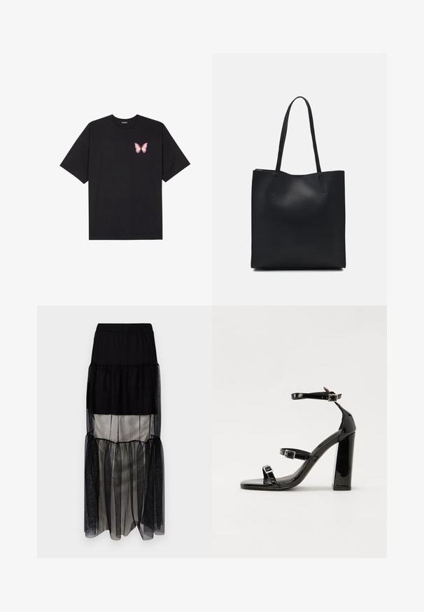T-shirt en coton noir à manches courtes, avec un petit graphique de papillon rose sur la poitrine gauche. Modèle à col rond avec une coupe décontractée.; Jupe maxi noire à plusieurs couches avec une taille élastique, dotée de panneaux en tulle transparent, d'une doublure en satin contrastante et d'une silhouette fluide.; Sandales à talons vernies noires avec un bout carré, des sangles autour de la cheville et des boucles en argent. Dotées d'un talon bloc épais pour plus de stabilité.; Sac fourre-tout en cuir noir avec une texture lisse, de forme rectangulaire et deux longues poignées. Pas de matériel ou d'ornementations visibles.