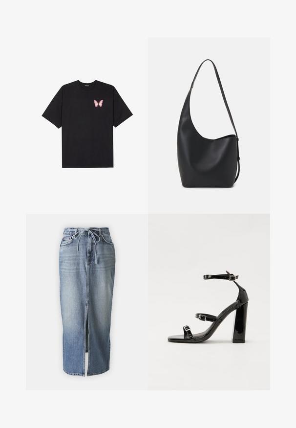 Μαύρο βαμβακερό μπλουζάκι με κοντά μανίκια, διαθέτοντας ένα μικρό ροζ γραφικό πεταλούδας στο αριστερό στήθος. Σχέδιο με στρογγυλή λαιμόκοψη και άνετη εφαρμογή.; Τζιν φούστα μεσαίου μήκους σε ανοιχτό μπλε χρώμα με μπροστινή σχισμή, με ρυθμιζόμενη μέση και κλασικό σχέδιο πέντε τσέπες. Λείο ύφασμα, χαλαρός στυλ.; Μαύρες πατέντες σανδάλια με τακούνι, τετράγωνη μύτη, ιμάντες αστραγάλου και ασημένιες πόρπες. Διαθέτουν χοντρό μπλοκ τακούνι για σταθερότητα.; Μαύρη δερμάτινη tote τσάντα με λείο υφή, καμπύλο σχήμα και μία ρυθμιζόμενη ζώνη. Διαθέτει μεγάλη άνοιγμα στην κορυφή.