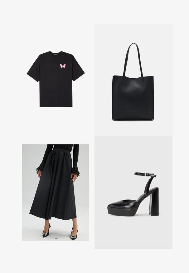 Black cotton t-shirt with short sleeves, featuring a small pink butterfly graphic on the left chest. Crew neck design with a relaxed fit.; Black maxi skirt in lightweight fabric, featuring a gathered waistband, flowing silhouette, and pleated texture. Paired with black pointy-toed heels.; Black platform heels with a pointed toe and adjustable ankle strap. Constructed from smooth leather, featuring a chunky block heel.; Black leather tote bag with smooth texture, rectangular shape, and two long handles. No visible hardware or embellishments.