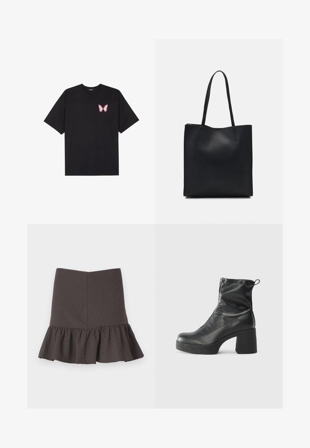 Svart bomulls T-skjorte med korte ermer, med en liten rosa sommerfugl grafikk på venstre bryst. Crew-neck design med en avslappet passform.; Mørkegrå sirkelskjørt med volangkant, med subtile vertikale striper og en tettsittende midje. Laget av et teksturert stoff.; Svarte ankelstøvler laget av glatt lær, med glidelås på siden, chunky strukturert hæl, og rund tå-design.; Svart lær tote bag med glatt tekstur, rektangulær form og to lange håndtak. Ingen synlige deler eller dekorasjoner.