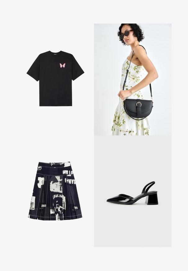Crna pamučna majica s kratkim rukavima, s malim grafičkim prikazom ružičaste vjetricaste s desne strane na prsima. Dizajn s okruglim izrezom i opuštenim krojem.; Crna plisirana suknja s kolažom bijelog teksta i grafike, s kontrastnim šavovima i pojasom za prilagođeni fit.; Crne lakirane kožne sandale s otvorenom petom i špicastim vrhom, s geometrijskom blok petom. Imaju elegantan, minimalistički dizajn i glatku teksturu.; Crna kožna torba s lukovitim oblikom, odvojivim remenom i zlatnim detaljima. Torba ima preklop s kopčom.