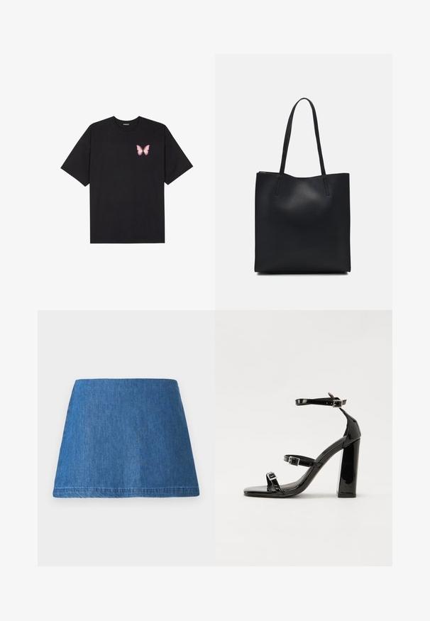 Melna kokvilnas T-krekls ar īsām piedurknēm, kuram priekšā kreisajā pusē ir neliels rozā tauriņa grafiskais attēls. Ar apaļu kaklu un brīvā stila piegriezumu.; Denimu mini svārki vidēji zilā krāsā, ar klasisku A līnijas formu, tīru apakšmalu un bez redzamām rotājumiem vai rakstiem.; Melnas lakotas augstpapēžu čības ar kvadrāta purngalu, potīšu siksniņām un sudraba sprādzēm. Aprīkotas ar masīvu bloku papēdi stabilitātei.; Melnas ādas somiņa ar gludu tekstūru, taisnstūra formu un divām garām rokturiem. Nav redzamu aparatūras vai rotājumu.