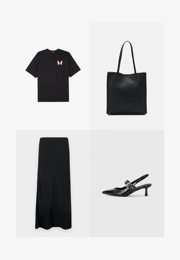 Black cotton t-shirt with short sleeves, featuring a small pink butterfly graphic on the left chest. Crew neck design with a relaxed fit.; Black maxi skirt made of smooth fabric, featuring a straight silhouette and a side split. No patterns or additional details.; Black patent leather slingback heels with a pointed toe and a small block heel, featuring a silver buckle accent on the strap.; Black leather tote bag with smooth texture, rectangular shape, and two long handles. No visible hardware or embellishments.