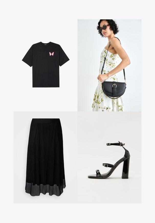 Crna pamučna majica s kratkim rukavima, s malim grafičkim prikazom ružičaste vjetricaste s desne strane na prsima. Dizajn s okruglim izrezom i opuštenim krojem.; ONLY Carmakoma CARLAVINE ELASTIC SKIRT - Suknja A kroja - black; Crne lakirane sandale na visoku petu s dva remena s kopčama, kvadratnim vrhom i masivnom blok petom, s glatkom, sjajnom teksturom.; Crna kožna torba s lukovitim oblikom, odvojivim remenom i zlatnim detaljima. Torba ima preklop s kopčom.