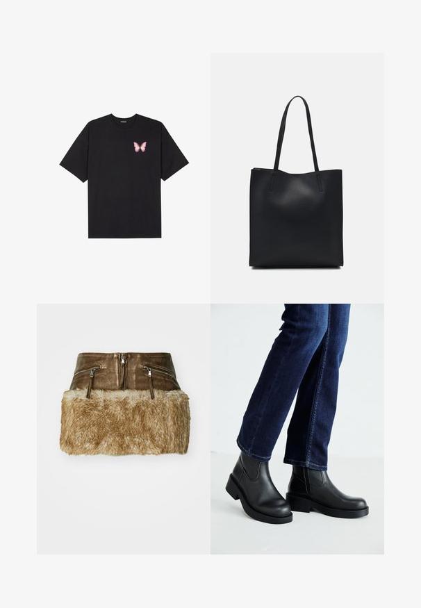 Svart bomulls T-skjorte med korte ermer, med en liten rosa sommerfugl grafikk på venstre bryst. Crew-neck design med en avslappet passform.; Brun skinnskjørt med faux fur kant, som har to glidelåslommer og en glatt tekstur i den øvre seksjonen.; Sorte lær ankelsko med en kraftig såle og elastiske paneler på siden, kombinert med mørkeblå jeans. Underlaget er lyst.; Svart lær tote bag med glatt tekstur, rektangulær form og to lange håndtak. Ingen synlige deler eller dekorasjoner.