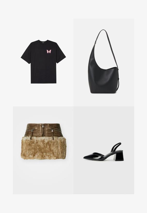 Must muströöpidega must puuvillane T-särk, vasakul rinnal on väike roosa liblikas. Ümar kaelus ja vabalt istuv lõige.; Pruun nahkne seelik kunstkarvade äärisega, millel on kaks tõmblukuga taskut ja ülemises osas sile tekstuur.; Mustad musta lakknahk kingad, millel on terav varvas ja geomeetriline plokkkonts. Omab elegantselt minimalistlikku disaini ja sujuvat tekstuuri.; Mustast nahast hobo kott, millel on sile tekstuur, kumer kuju ja üks reguleeritav rihm; peal on lai avaus.