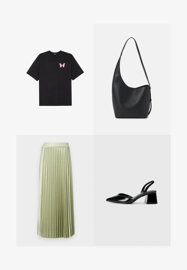 Svart bomulls T-skjorte med korte ermer, med en liten rosa sommerfugl grafikk på venstre bryst. Crew-neck design med en avslappet passform.; Plisseret midiskjørt i lys grønn sateng med en jevn tekstur. Tett liv, faller til midt på leggen, med jevne vertikale plisséer gjennom hele.; Svarte patentlær slingback hæler med spiss tå og geometrisk blokk hæl. Har et stilrent, minimalistisk design og jevn tekstur.; Svart lær hobo-veske med glatt tekstur, buet form og enkelt justerbart stropp; har en bred åpning på toppen.