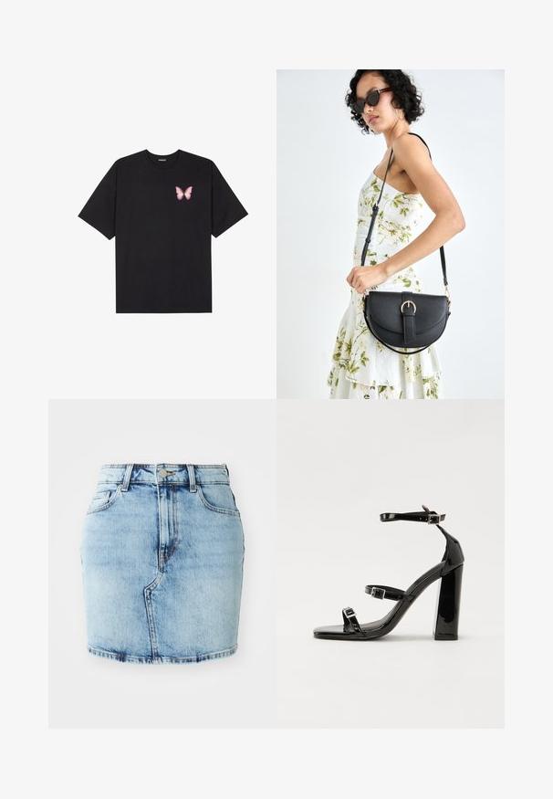 Juodas medvilnės marškinėliai trumpomis rankovėmis, su maža rožine drugelio grafika kairėje krūtinės pusėje. Apvalus kaklo iškirpimas, laisvas kirpimas.; Šviesiai mėlynas džinsinis sijonas, pasižymintis prigludusia forma, penkiais kišenėmis, mygtuku ir užtrauktuku, taip pat siuvinėjimais palei apvadą.; Juodos patentuotos aukštakulnės basutės su dviem sagtelėmis, kvadratine nosimi ir stambiu blokiniu kulnu, pasižyminčios lygiu, blizgiu paviršiumi.; Juodas odinis krepšys su išlenkta forma, nuimamu dirželiu ir auksiniais detalėmis. Krepšys turi kilpą su sagtimi.