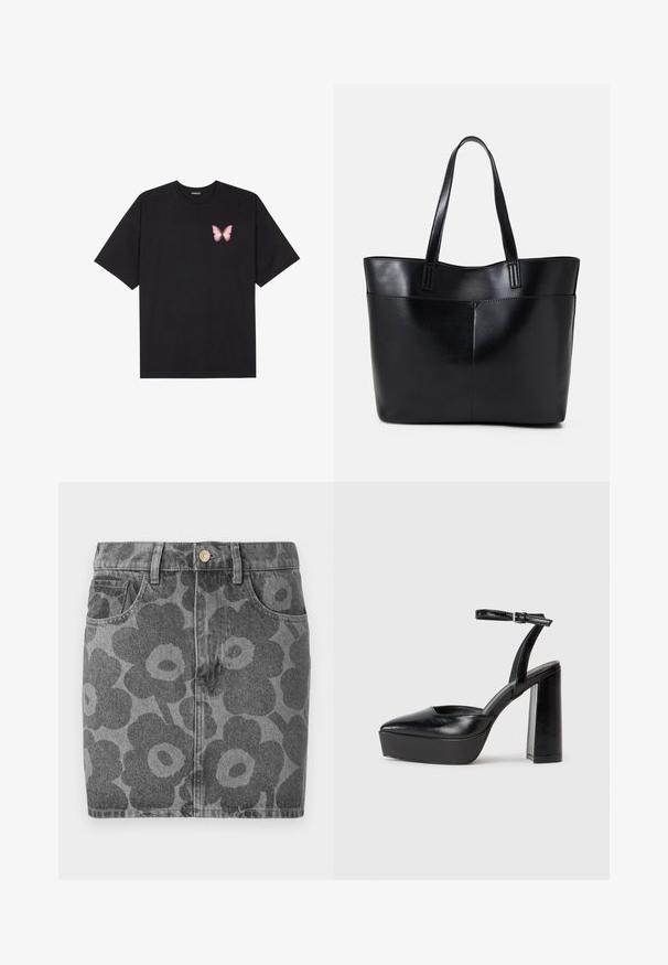 Čierne bavlnené tričko s krátkymi rukávmi, s malým ružovým motýlikom na ľavej hrudi. Design s okrúhlym výstrihom a uvoľneným strihom.; Džínová sukňa v sivej farbe s čiernym kvetinovým vzorom. Obsahuje dve predné vrecká, zapínanie na gombík a rovný strih.; Čierne platformové podpätky so špicatou špičkou a nastaviteľným členkovým remienkom. Vyrobené z hladkej kože a so robustným blokovým podpätkom.; Čierna kožená tote taška s dvoma dlhými rúčkami, hladkým povrchom a štruktúrovaným tvarom. Obsahuje prednú kapsu pre dodatočné uskladnenie.