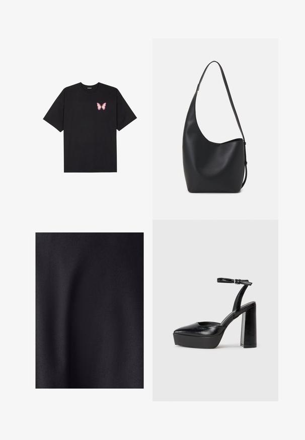 Crna pamučna majica s kratkim rukavima, s malim grafičkim prikazom ružičaste vjetricaste s desne strane na prsima. Dizajn s okruglim izrezom i opuštenim krojem.; Crna tkanina s glatkom, mat teksturom. Površina ima blagi sjaj, prikazujući finu tkanje bez vidljivih uzoraka ili akcenta.; Crne platforme s potpeticom s oštrim vrhom i podešivom naramenicom. Izrađene od glatke kože, s masivnom blok petom.; Crna kožna hobo torba s glatkom teksturom, zakrivljenim oblikom i jednom podesivom trakicom; ima širok otvor na vrhu.