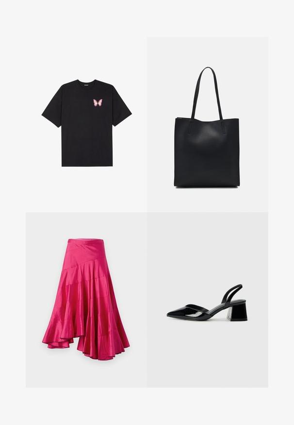 Črna bombažna majica s kratkimi rokavi, ki ima majhen roza metuljček na levi strani prsnega dela. Majica s krožnim ovratnikom in sproščenim krojem.; Magenta saten krilo s flared robom, ki ima plastevne panele in asimetrično zasnovo. Ima gladko teksturo in srednjo dolžino.; Črne lakirane slingback pete s koničastim nosom in geometrijsko blokasto peto. Imajo eleganten, minimalističen dizajn in gladko teksturo.; Črna usnjena torba s svilnato teksturo, pravokotne oblike in dvema dolgima ročajema. Brez vidnih metalnih delov ali okrasnih elementov.