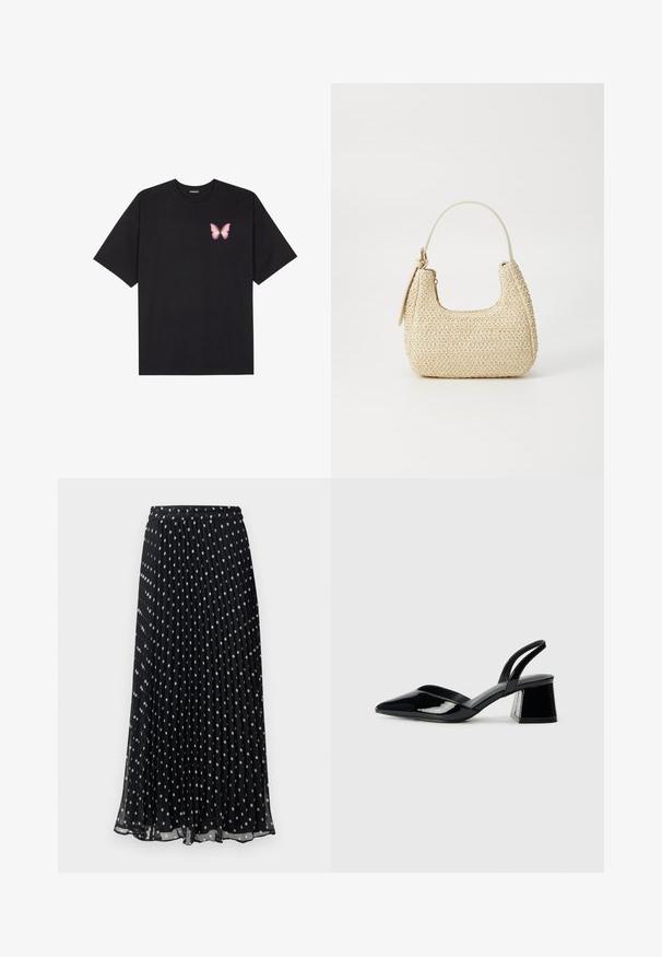 Melna kokvilnas T-krekls ar īsām piedurknēm, kuram priekšā kreisajā pusē ir neliels rozā tauriņa grafiskais attēls. Ar apaļu kaklu un brīvā stila piegriezumu.; Melnas plisētās midi svārki ar baltu punktiņu rakstu, ar elastīgu vidukļa joslu, kas nodrošina elastīgu piegulšanu. Viegls, plūstošs audums.; Melna lakota āda ar atvērto papēdi, ar smailu purngalu un ģeometrisku blokpapēdi. Iezīmējas elegants, minimāls dizains un gluda tekstūra.; Aušana salmu rokassoma béigā krāsā ar izliekto formu, īsu rokturi un sānu rāvējslēdzēju. Iespējas teksturēta virsma un minimālistisks dizains.