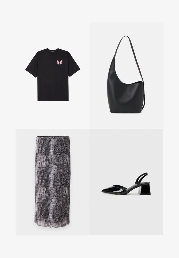Μαύρο βαμβακερό μπλουζάκι με κοντά μανίκια, διαθέτοντας ένα μικρό ροζ γραφικό πεταλούδας στο αριστερό στήθος. Σχέδιο με στρογγυλή λαιμόκοψη και άνετη εφαρμογή.; Μαύρη και γκρι φούστα μολύβι με σχέδιο από φίδι, κατασκευασμένη από διάφανο, υφασμάτινο υλικό. Διαθέτει οδοντωτό στρίφωμα και λεπτομέρειες στην επάνω άκρη.; Μαύρα πατεντέ δερμάτινα γοβάκια slingback με μυτερή μύτη και γεωμετρικό τακούνι. Έχουν κομψό, μινιμαλιστικό σχέδιο και λεία υφή.; Μαύρη δερμάτινη tote τσάντα με λείο υφή, καμπύλο σχήμα και μία ρυθμιζόμενη ζώνη. Διαθέτει μεγάλη άνοιγμα στην κορυφή.