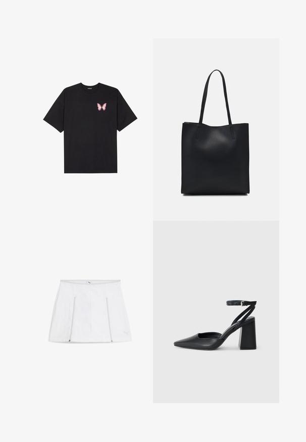 Black cotton t-shirt with short sleeves, featuring a small pink butterfly graphic on the left chest. Crew neck design with a relaxed fit.; White athletic skirt with a flat waistband, zipper pockets on both sides, and a logo detail at the bottom right. Smooth, lightweight fabric.; Black leather pointy-toe pump with an ankle strap and a chunky heel. Flat texture, sleek design, and minimalistic aesthetics.; Black leather tote bag with smooth texture, rectangular shape, and two long handles. No visible hardware or embellishments.