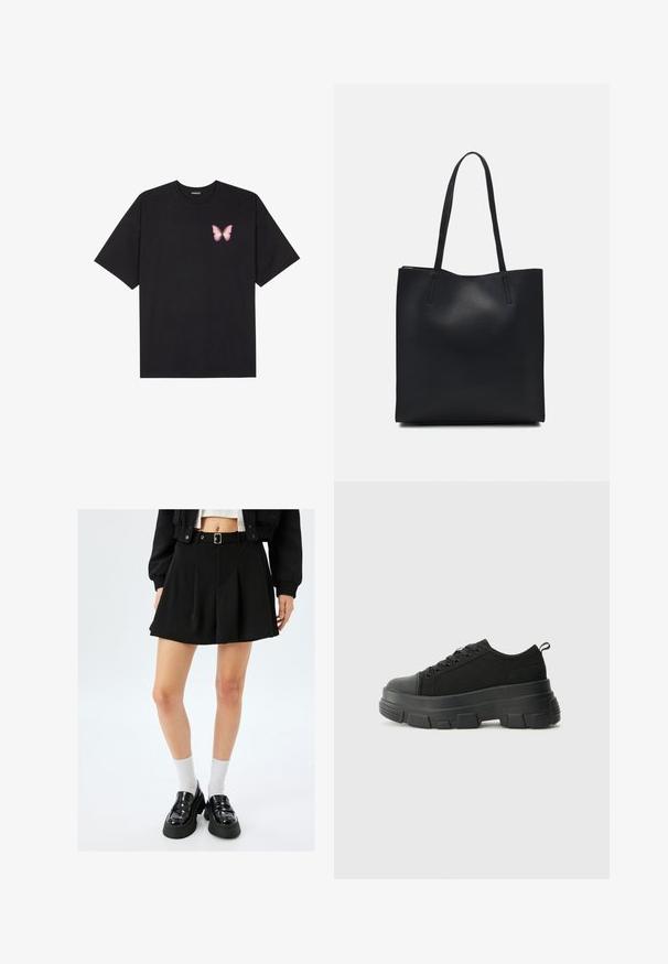 Czarny bawełniany t-shirt z krótkim rękawem, z małym różowym motylkiem na lewej piersi. Klasyczny dekolt z luźnym fasonem.; Czarna plisowana mini spódnica z paskiem, wykonana z gładkiego materiału. Połączona z lakierowanymi loafersami i białymi skarpetkami do kostek.; Czarne sneakersy z masywną gumową podeszwą, teksturowaną górną częścią, okrągłym noskiem i sznurowanym zapięciem. Posiadają wzmocnione oczka i pętelkę z tyłu.; Czarna skórzana torba tote o gładkiej fakturze, prostokątnym kształcie i dwóch długich uchwytach. Brak widocznych elementów metalowych i ozdób.
