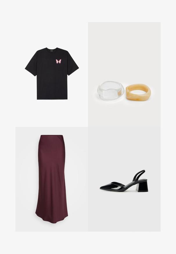 Fekete pamut póló rövid ujjakkal, bal mellkason egy kis rózsaszín pillangó grafikával. Kerek nyakú kialakítás, laza fazonnal.; Burgundi selyem maxi szoknya sima textúrával és testhezálló kialakítással, egyenes siluettel és finom redőzéssel a deréknál.; Fekete lakk bőr szandálkés magas sarkú cipő, hegyes orral és geometrikus tömbsarkakkal. Karcsú, minimalista dizájn és sima textúra jellemzi.; Tiszta és borostyán színű gyanta gyűrűk, az egyik sima és átlátszó, a másik texturált, borostyán bevonattal rendelkezik. Mindkettő kerek, tömör formatervezésű.