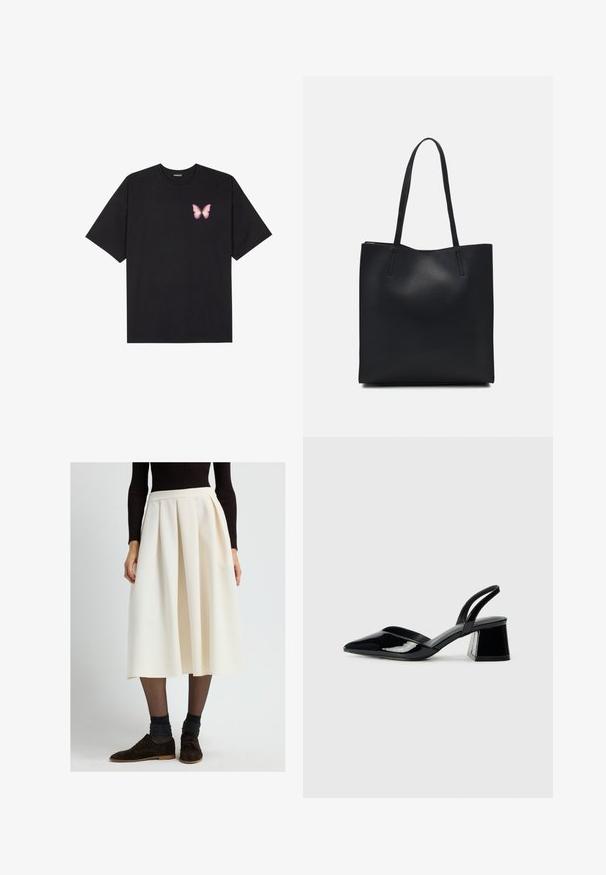 Schwarzes Baumwoll-T-Shirt mit kurzen Ärmeln, das ein kleines pinkes Schmetterlingsmotiv auf der linken Brust zeigt. Crewneck-Design mit einem entspannten Schnitt.; Frau in einem cremefarbenen, plissierten Midikleid mit schwarzen transparenten Strumpfhosen, dunklen glitzernden Socken, braunen Schnürschuhen und einem schwarzen, gerippten Langarmoberteil.; Schwarze Lackleder-Slingback-High Heels mit spitzem Schuh und einem geometrischen Blockabsatz. Verfügt über ein schlankes, minimalistisches Design und eine glatte Textur.; Schwarze Laptoptasche aus Leder mit glatter Textur, rechteckiger Form und zwei langen Griffen. Keine sichtbaren Beschläge oder Verzierungen.