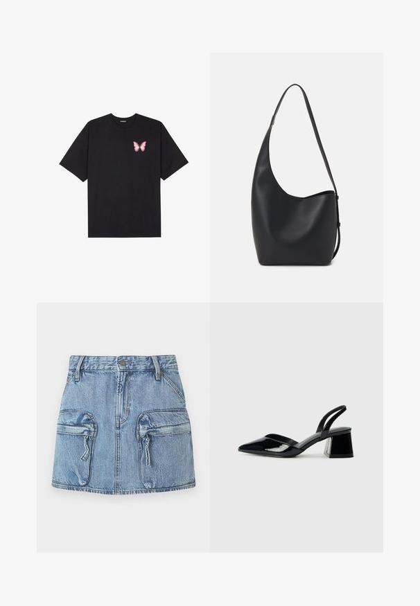 Svart bomulls T-skjorte med korte ermer, med en liten rosa sommerfugl grafikk på venstre bryst. Crew-neck design med en avslappet passform.; Blå denim mini-skjørt med to store frontlommer med klaff, glidelås og beltehemper i midjen.; Svarte patentlær slingback hæler med spiss tå og geometrisk blokk hæl. Har et stilrent, minimalistisk design og jevn tekstur.; Svart lær hobo-veske med glatt tekstur, buet form og enkelt justerbart stropp; har en bred åpning på toppen.
