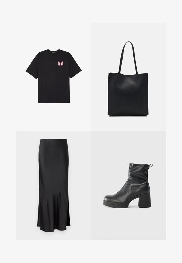 Fekete pamut póló rövid ujjakkal, bal mellkason egy kis rózsaszín pillangó grafikával. Kerek nyakú kialakítás, laza fazonnal.; Fekete selymes midi szoknya letisztult dizájnnal, enyhe szegéllyel és oldalsó hasítékkal a könnyű mozgásért. Simító textúra.; Fekete bokacsizmák sima bőrből, oldalsó cipzárral, vastag, texturált sarkú és lekerekített orrú dizájnnal.; Fekete bőrtáska sima felszínnel, téglalap alakú, két hosszú füllel. Nincs látható fémkiegészítő vagy díszítés.