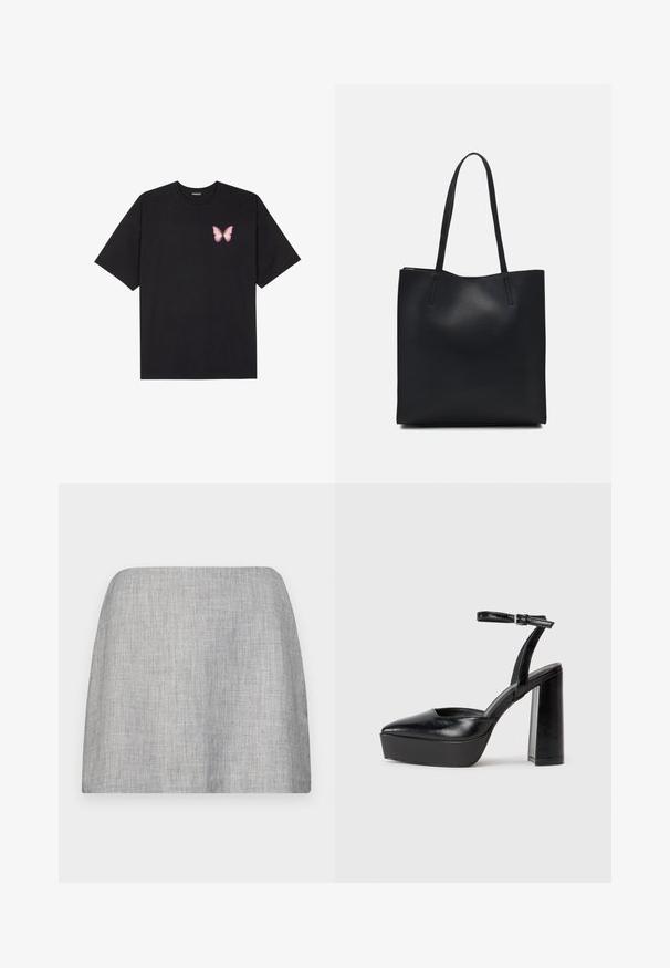 Black cotton t-shirt with short sleeves, featuring a small pink butterfly graphic on the left chest. Crew neck design with a relaxed fit.; Gray skirt with a smooth, textured fabric, featuring a straight cut and no visible embellishments. Simple, minimalist design.; Black platform heels with a pointed toe and adjustable ankle strap. Constructed from smooth leather, featuring a chunky block heel.; Black leather tote bag with smooth texture, rectangular shape, and two long handles. No visible hardware or embellishments.