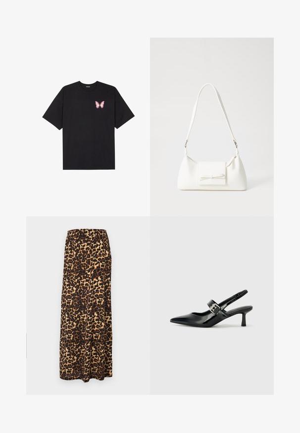 Czarny bawełniany t-shirt z krótkim rękawem, z małym różowym motylkiem na lewej piersi. Klasyczny dekolt z luźnym fasonem.; Maxi spódnica w leopardzi wzór wykonana z miękkiego materiału, z szeroką elastyczną talią, w odcieniach czerni i brązu oraz z falującym krojem.; Czarne lakierowane szpilki slingback z wąskim noskiem i małym słupkiem, z ozdobnym srebrnym klamrą na pasku.; Biała syntetyczna torba o trójkątnym kształcie, płaskim przednim klapce i detalach w postaci kokardy, regulowanym pasku, gładkiej fakturze oraz minimalistycznym designie.