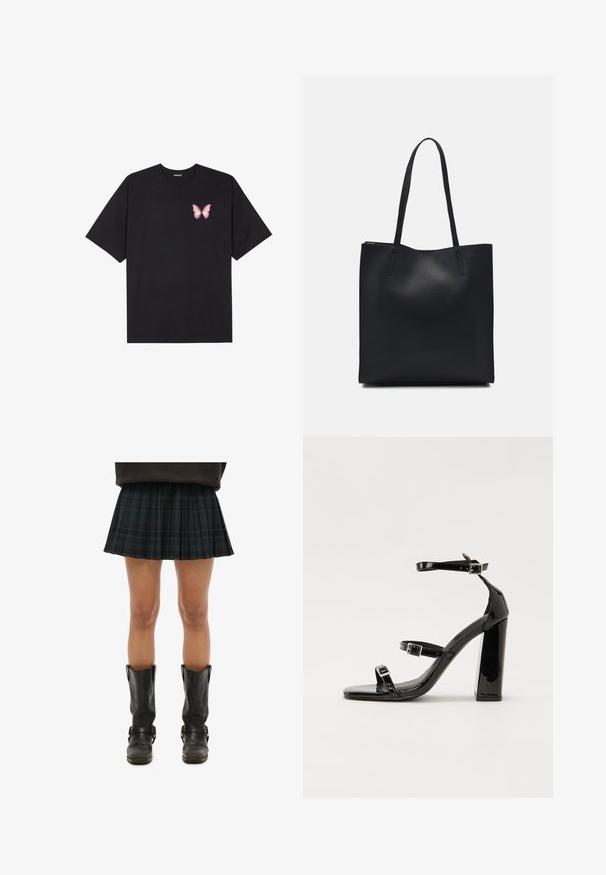 Camiseta de algodón negra de manga corta, con un pequeño gráfico de mariposa rosa en el lado izquierdo del pecho. Diseño de cuello redondo con un corte relajado.; Falda plisada de cuadro escocés negro combinada con botas de cuero negras hasta la rodilla con hebillas y una textura suave.; Sandalias de tacón de charol negro con punta cuadrada, correas en el tobillo y hebillas plateadas. Presentan un tacón grueso para mayor estabilidad.; Bolso tote de cuero negro con textura lisa, forma rectangular y dos asas largas. Sin herrajes ni adornos visibles.