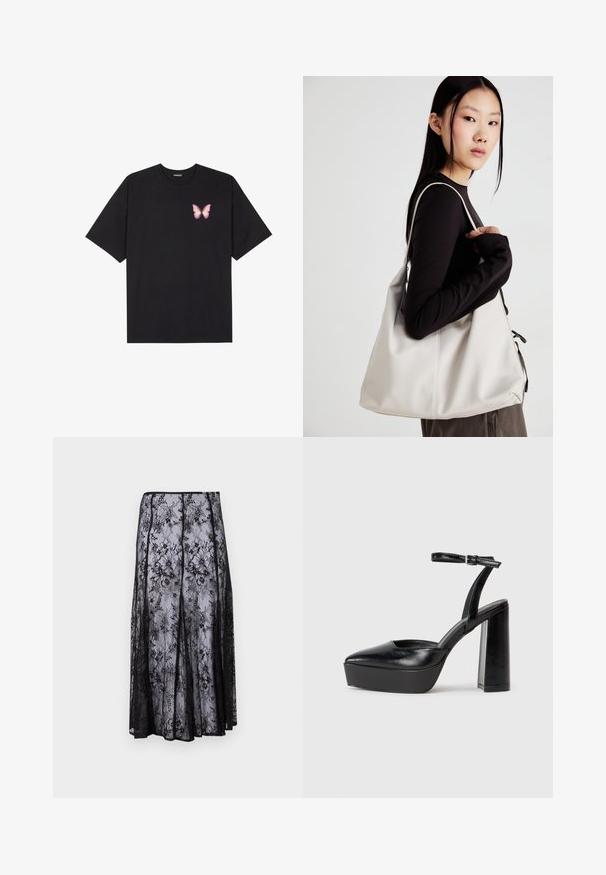 Svart bomulls T-skjorte med korte ermer, med en liten rosa sommerfugl grafikk på venstre bryst. Crew-neck design med en avslappet passform.; Svart blonde skjørt med blomster mønster, en flytende silhuett og en bølget kant, som fremhever en delikat og transparent tekstur.; Sorte plattformhelter med spiss tå og justerbar ankelrem. Laget av glatt lær, med en robust blokkhel.; Beige håndveske laget av mykt materiale, med en slapp design, sydd detaljer og to skulderstropper. Passer for daglig bruk.