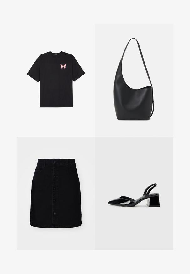 Melna kokvilnas T-krekls ar īsām piedurknēm, kuram priekšā kreisajā pusē ir neliels rozā tauriņa grafiskais attēls. Ar apaļu kaklu un brīvā stila piegriezumu.; Melna džinsu svārku ar priekšējo pogu aizdari, divām kabatām, taisnu griezumu un tīru apakšmali. Izgatavots no izturīga auduma ar gludu tekstūru.; Melna lakota āda ar atvērto papēdi, ar smailu purngalu un ģeometrisku blokpapēdi. Iezīmējas elegants, minimāls dizains un gluda tekstūra.; Melnas ādas hobo soma ar gludu tekstūru, izliekta forma un vienu regulējamu jostu; augšā ir plaša atvere.