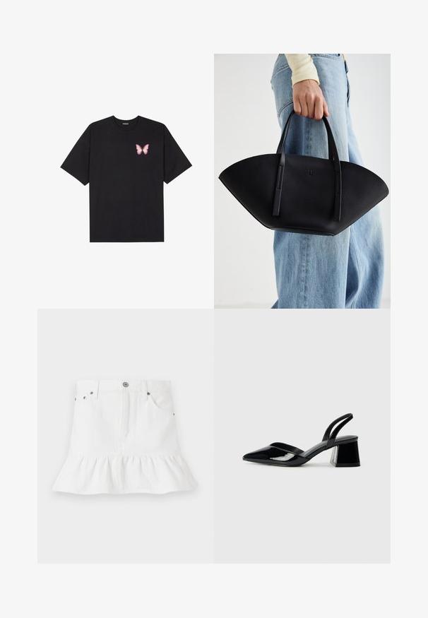 Svart bomulls T-skjorte med korte ermer, med en liten rosa sommerfugl grafikk på venstre bryst. Crew-neck design med en avslappet passform.; Hvit denimskjørt med volangkant, har fem lommer, front knappelukking og metalldetaljer.; Svarte patentlær slingback hæler med spiss tå og geometrisk blokk hæl. Har et stilrent, minimalistisk design og jevn tekstur.; Svart skinnveske med en unik vifteform, med flate håndtak. Overflaten har en pebblelignende tekstur og et minimalistisk design.