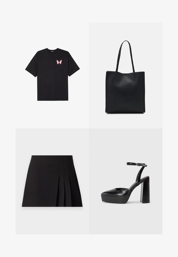 Black cotton t-shirt with short sleeves, featuring a small pink butterfly graphic on the left chest. Crew neck design with a relaxed fit.; Black pleated mini skirt made of smooth fabric. Features a fitted waistband and subtle stitching details along the pleats for texture.; Black platform heels with a pointed toe and adjustable ankle strap. Constructed from smooth leather, featuring a chunky block heel.; Black leather tote bag with smooth texture, rectangular shape, and two long handles. No visible hardware or embellishments.