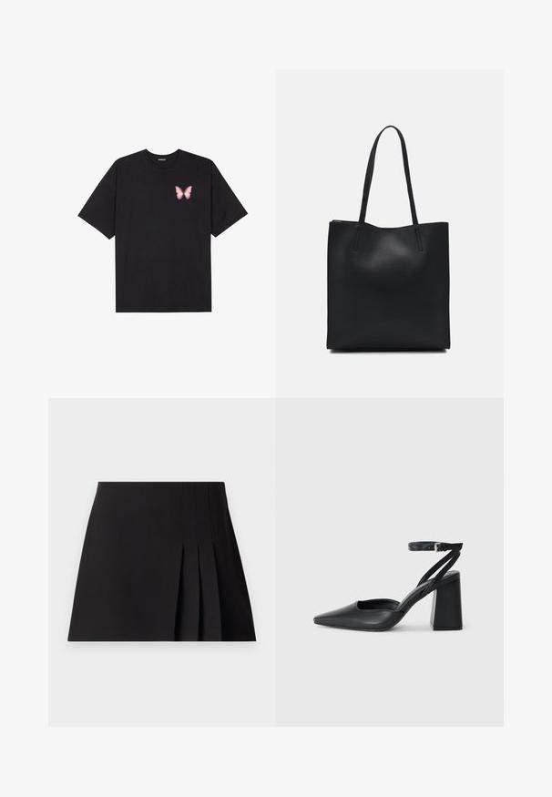 Čierne bavlnené tričko s krátkymi rukávmi, s malým ružovým motýlikom na ľavej hrudi. Design s okrúhlym výstrihom a uvoľneným strihom.; Čierna miniskirt s plisovaním vyrobená z hladkej tkaniny. Obsahuje priliehajúci pás a jemné stehenné detaily pozdĺž plisov pre textúru.; Čierne kožené lodičky s špicatou špičkou a členkovým remienkom, s masívnym podpätkom. Hladký povrch, elegantný dizajn a minimalistická estetika.; Čierna kožená taška na rameno s hladkým povrchom, obdĺžnikovým tvarom a dvoma dlhými uchami. Bez viditeľného kovania alebo ozdôb.