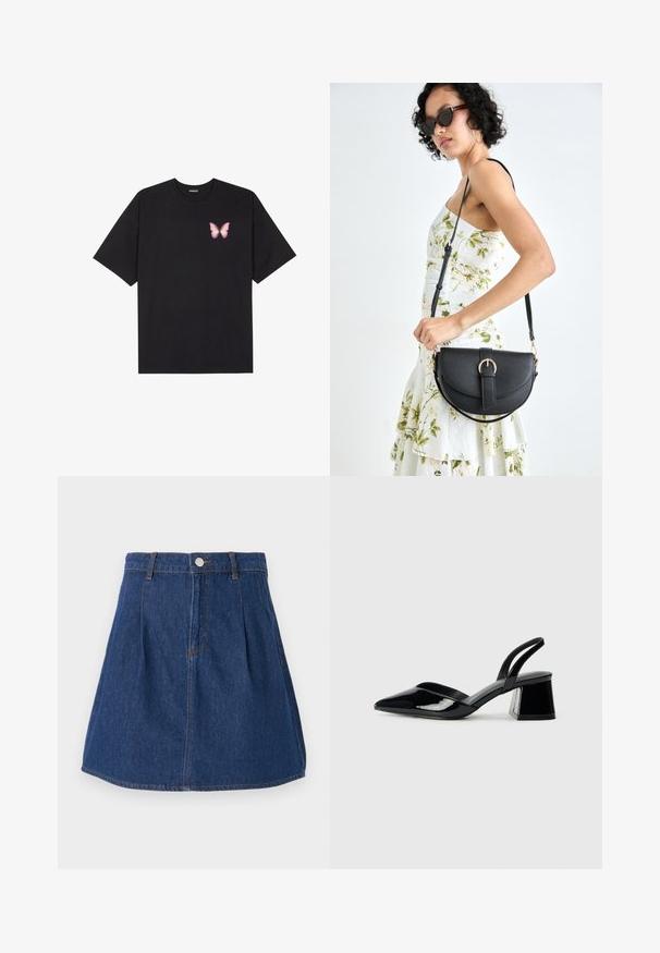 Črna bombažna majica s kratkimi rokavi, ki ima majhen roza metuljček na levi strani prsnega dela. Majica s krožnim ovratnikom in sproščenim krojem.; Denim krilo v temno modri barvi, s prilegajočim pasom, nabranim oblikovanjem in kontrastnim šivanjem. Dolžina nad koleni, z ravnim robom.; Črne lakirane slingback pete s koničastim nosom in geometrijsko blokasto peto. Imajo eleganten, minimalističen dizajn in gladko teksturo.; Črna usnjena torbica s ukrivljeno obliko, z odstranljivo naramnico in zlatimi dodatki. Torbica ima pokrov s podrobnostmi v obliki zaponke.