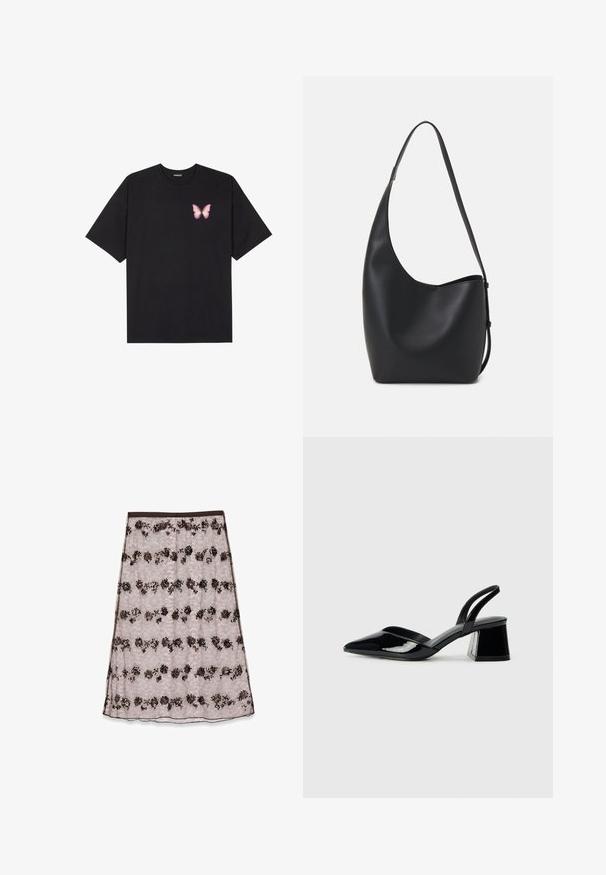 Schwarzes Baumwoll-T-Shirt mit kurzen Ärmeln, das ein kleines pinkes Schmetterlingsmotiv auf der linken Brust zeigt. Crewneck-Design mit einem entspannten Schnitt.; Spitzen-Midi-Rock in hellrosa mit floralen Mustern in Dunkelbraun und Bronze, verziert mit Pailletten und einem glatten Bund.; Schwarze Lackleder-Slingback-High Heels mit spitzem Schuh und einem geometrischen Blockabsatz. Verfügt über ein schlankes, minimalistisches Design und eine glatte Textur.; Schwarze Leder-Hobo-Tasche mit einer glatten Textur, geschwungener Form und einem einzelnen verstellbaren Tragegurt; verfügt über eine weite Öffnung am oberen Ende.