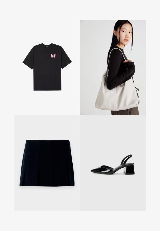 Melna kokvilnas T-krekls ar īsām piedurknēm, kuram priekšā kreisajā pusē ir neliels rozā tauriņa grafiskais attēls. Ar apaļu kaklu un brīvā stila piegriezumu.; Melnā plisētā mini svārki, kas izgatavoti no auduma. Tiem ir taisna josta un vairākas vertikālas krokas, kas piešķir formu un tekstūru.; Melna lakota āda ar atvērto papēdi, ar smailu purngalu un ģeometrisku blokpapēdi. Iezīmējas elegants, minimāls dizains un gluda tekstūra.; Bežs rokassoma, izgatavota no mīksta materiāla, ar brīvu dizainu, izšūtu apdari un divām plecu siksnām. Piemērota ikdienas lietošanai.