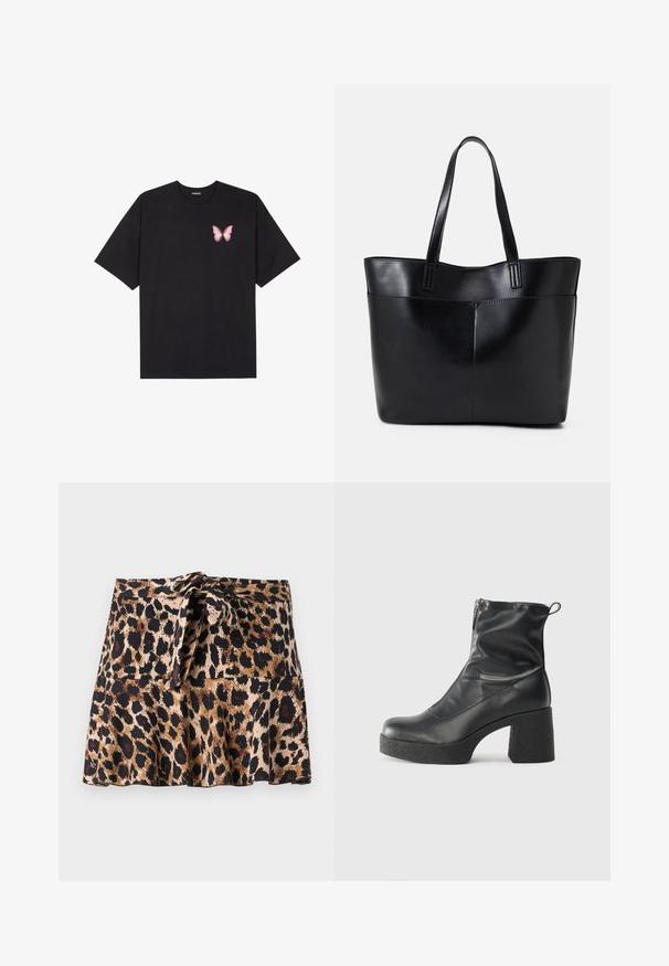 Must muströöpidega must puuvillane T-särk, vasakul rinnal on väike roosa liblikas. Ümar kaelus ja vabalt istuv lõige.; Leopardimustriga mini seelik, mis on valmistatud pehmest kangast, flöödidisainiga, sidumisega vöökoht ja kontrastsed mustad ning pruunid laigud beeži taustal.; Mustad mustad ansapüksid, mis on valmistatud siledast nahast, külje zipperiga, paksu tekstuuriga kontsaga ja ümmarguse nina disainiga.; Must mustaga musta nahast, millel on kaks pikka kanda, sile tekstuur ja struktureeritud kuju. Esipoolsel on lisakoti jaoks tasku.