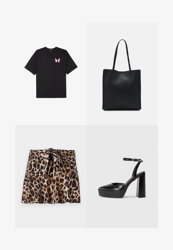 Čierne bavlnené tričko s krátkymi rukávmi, s malým ružovým motýlikom na ľavej hrudi. Design s okrúhlym výstrihom a uvoľneným strihom.; Mini sukňa s leopardím vzorom vyrobená z jemnej tkaniny, ktorá má rozšírený strih, viazaný pás a kontrastné čierne a hnedé škvrny na béžovom pozadí.; Čierne platformové podpätky so špicatou špičkou a nastaviteľným členkovým remienkom. Vyrobené z hladkej kože a so robustným blokovým podpätkom.; Čierna kožená taška na rameno s hladkým povrchom, obdĺžnikovým tvarom a dvoma dlhými uchami. Bez viditeľného kovania alebo ozdôb.