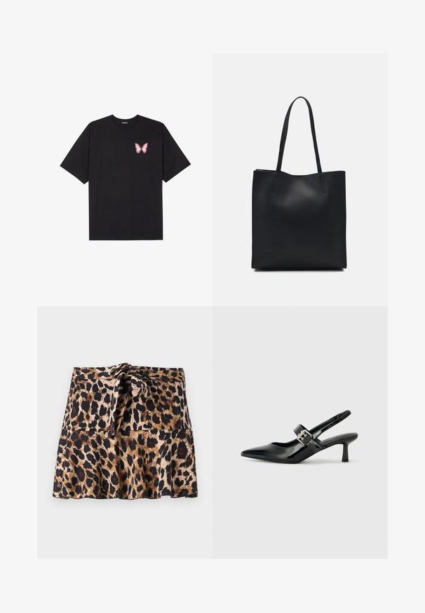Black cotton t-shirt with short sleeves, featuring a small pink butterfly graphic on the left chest. Crew neck design with a relaxed fit.; Leopard print mini skirt made of soft fabric, featuring a flared design, tied waistband, and contrasting black and brown spots on a beige background.; Black patent leather slingback heels with a pointed toe and a small block heel, featuring a silver buckle accent on the strap.; Black leather tote bag with smooth texture, rectangular shape, and two long handles. No visible hardware or embellishments.
