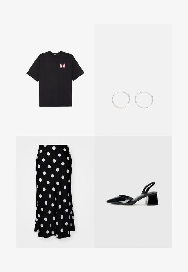 Musta puuvillapaita lyhyillä hihoilla, jossa on pieni vaaleanpunainen perhosgrafiikka vasemmassa rinnassa. Pyöreä kaula-aukko ja rento istuvuus.; YAS YASPELLA MIDI - A-linjainen hame - black/white; Mustat patentoitu nahkakengät, joissa on säären takaosa ja terävä kärki, sekä geometrinen palikkakorko. Sisältää tyylikkään, minimalistisen muotoilun ja sileän pinnan.; Hopea rengas korvakorut, joissa on tyylikäs, pyöreä muotoilu, tasainen pinta ja ilman näkyviä koristeita. Halkaisija ei ole määritelty.