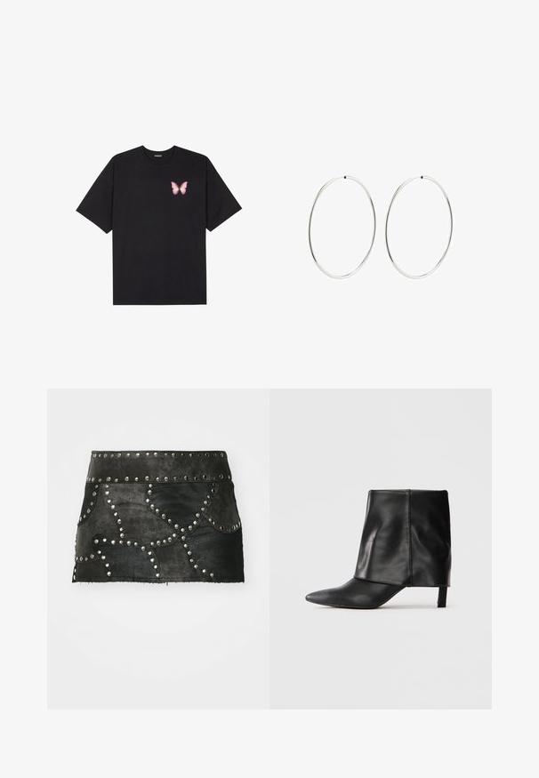 Melna kokvilnas T-krekls ar īsām piedurknēm, kuram priekšā kreisajā pusē ir neliels rozā tauriņa grafiskais attēls. Ar apaļu kaklu un brīvā stila piegriezumu.; Melna ādas svārki ar dekoratīviem sudraba kniedēm un izliekto šuvju dizainu. Raksturīga pieguļoša jostasvieta un apakšmala, kas atrodas virs vidus ciskas.; Melnas ādas puslīdz potītes zābaki ar smailu purngalu, salocītu augšējo daļu un slaidu zemu papēdi uz balta fona.; Sudraba riņķa auskari ar gludu, apaļu dizainu un pulētu apdari. Tie ir plāni un viegli, ar vienkāršu aizdari.