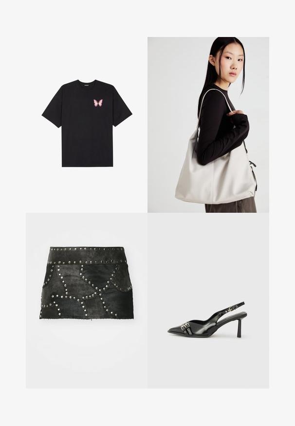 Crna pamučna majica s kratkim rukavima, s malim grafičkim prikazom ružičaste vjetricaste s desne strane na prsima. Dizajn s okruglim izrezom i opuštenim krojem.; Crna kožna suknja s dekorativnim srebrnim zakovicama i zakrivljenim šavovima. Ima uski struk i rub koji se nalazi iznad sredine bedra.; Crna lakirana slingback cipela s izduženim vrhom, remenčićima oko gležnja s srebrnim kopčama i dijelovima, te vitkim potplatom.; Bežna torba od mekog materijala s opuštenim dizajnom, šivanim detaljima i dva remena za rame. Pogodna za svakodnevnu upotrebu.