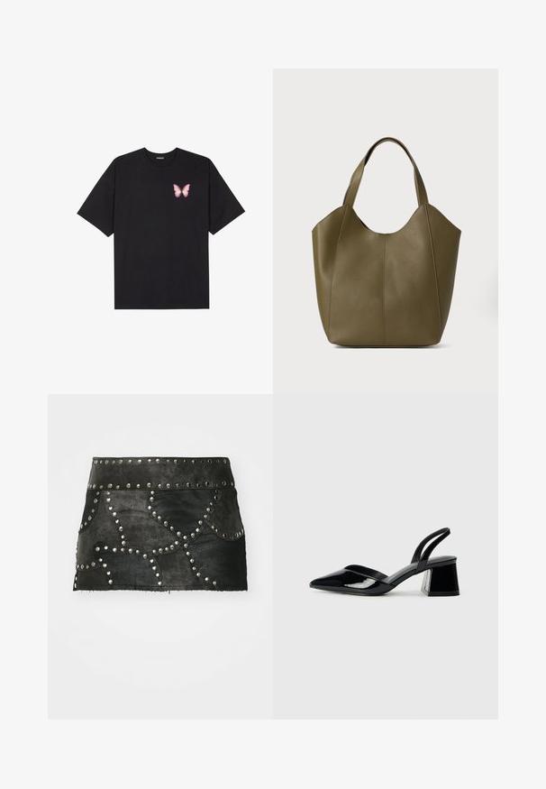 Černé bavlněné tričko s krátkým rukávem, na levém prsou s malou grafikou růžové motýlky. Design s kruhovým výstřihem a volným střihem.; Černá kožená sukně s dekorativními stříbrnými nýty a zakřiveným šitím. Má přiléhavý pas a délku, která sahá nad polovinu stehna.; Černé lakované kožené lodičky na pásku s špičatou špičkou a geometrickým blokovým podpatkem. Vyznačují se elegantním, minimalistickým designem a hladkým povrchem.; Olivově zelená kožená taška s dvojitými popruhy, hladký povrch a design se čtyřmi panely. Zpevněné švy podél spojů pro větší odolnost.