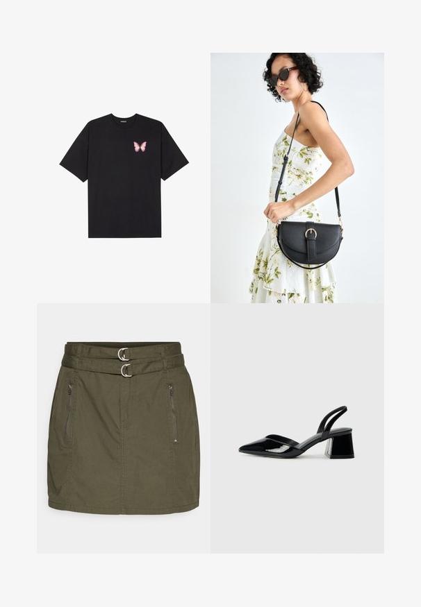 Must muströöpidega must puuvillane T-särk, vasakul rinnal on väike roosa liblikas. Ümar kaelus ja vabalt istuv lõige.; Oliivroheline seelik, mille vöökoht on varustatud kahe hõbedase rõngaga, kahe lukuga küljetaskuga ja sirge, vormitud disainiga.; Mustad musta lakknahk kingad, millel on terav varvas ja geomeetriline plokkkonts. Omab elegantselt minimalistlikku disaini ja sujuvat tekstuuri.; Mustmust mustraha kõverate joontega, eemaldatava rihmaga ja kuldsete detailidega. Kotil on klapp, millel on pandladetail.