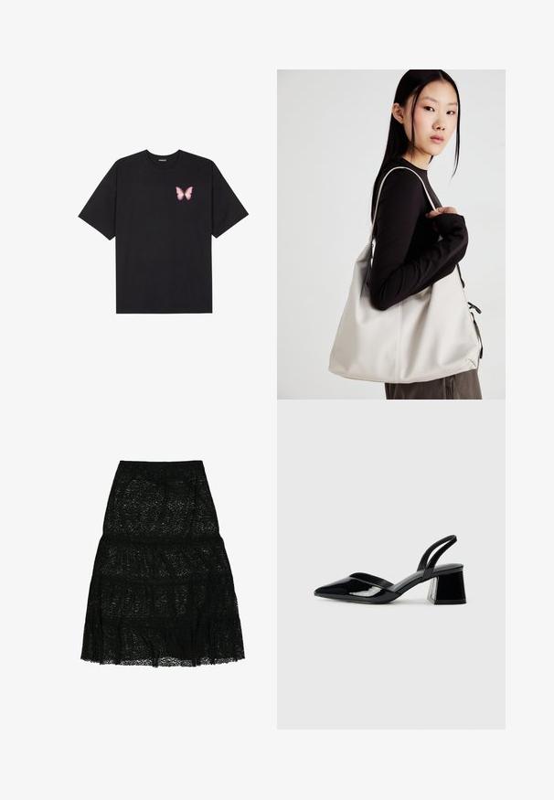 T-shirt nera in cotone con maniche corte, caratterizzata da una piccola grafica di una farfalla rosa sul lato sinistro del petto. Design a girocollo con una vestibilità rilassata.; Gonna nera in pizzo con design a strati e orlo arricciato. Vita elastica per il comfort. Tessuto leggero e semi-trasparente.; Décolleté in vernice nera con punta affusolata e tacco in geometria cubica. Presentano un design elegante e minimalista, con una texture liscia.; Borsa a mano beige realizzata in materiale morbido, caratterizzata da un design morbido, dettagli cuciti e due manici. Adatta per l'uso quotidiano.