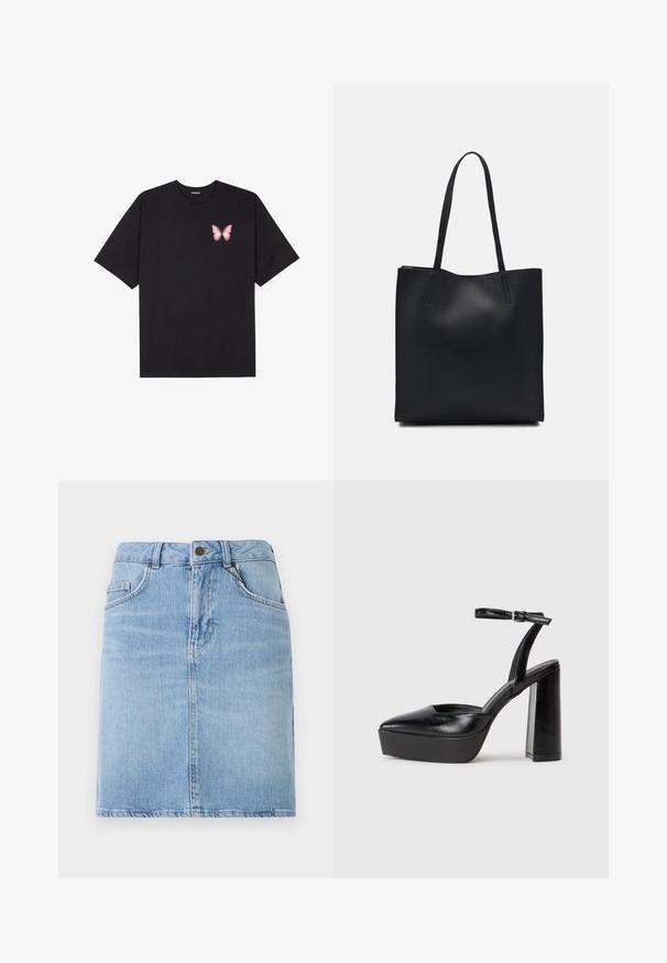 Fekete pamut póló rövid ujjakkal, bal mellkason egy kis rózsaszín pillangó grafikával. Kerek nyakú kialakítás, laza fazonnal.; Világoskék farmer szoknya egyenes szabással, elülső zsebekkel és gombos záródással. Texturált felület minimális kopással.; Fekete platform magassarkú cipők hegyes orral és állítható bokapánttal. Sima bőrből készült, vastag talppal.; Fekete bőrtáska sima felszínnel, téglalap alakú, két hosszú füllel. Nincs látható fémkiegészítő vagy díszítés.